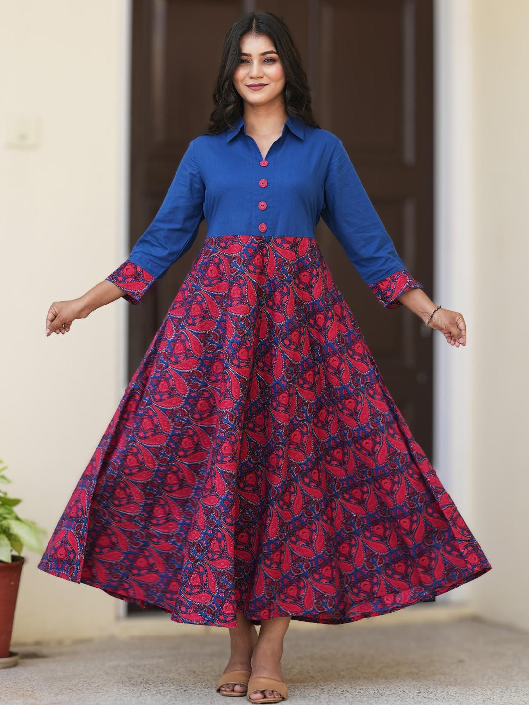 YASH GALLERY Red Cotton Maxi Printed Dresses