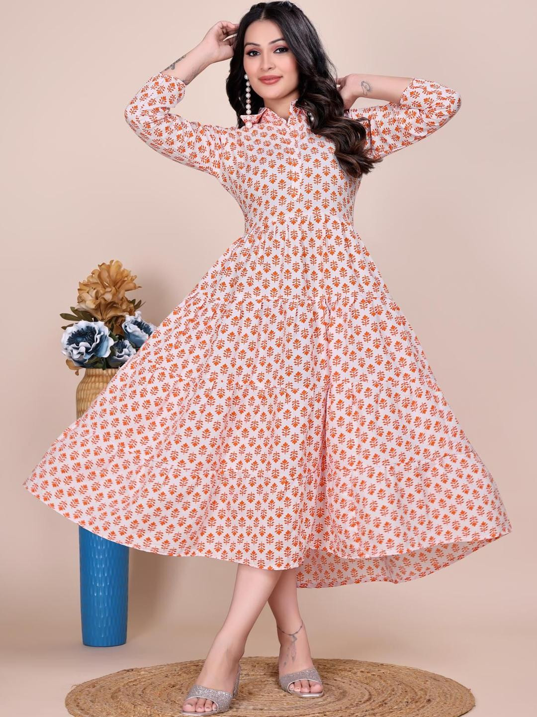 VenderVilla Women Ethnic Motifs Printed Fit and Flare Midi Dress with Shirt Collar