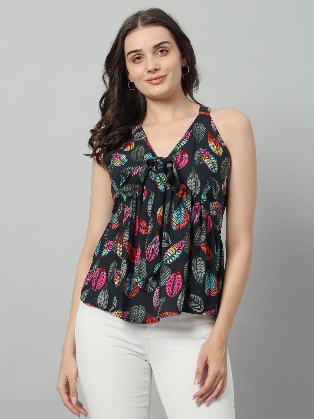 NATURE CRAFT Women Floral Printed Halter Neck Smocked A-Line Top