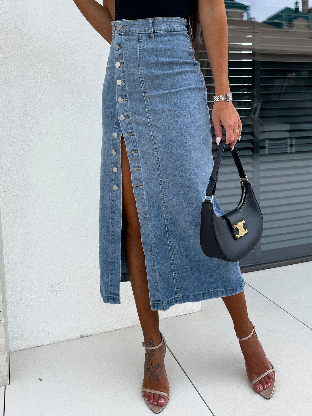 StyleCast Button-Front High-Slit Denim Midi Skirt