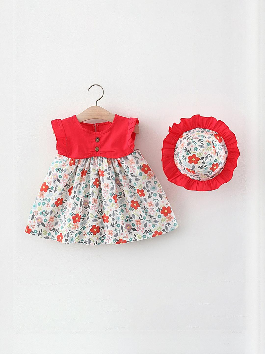 LULU & SKY Girls Floral Printed Round Neck Ruffles Cotton Fit & Flare Dress With Hat