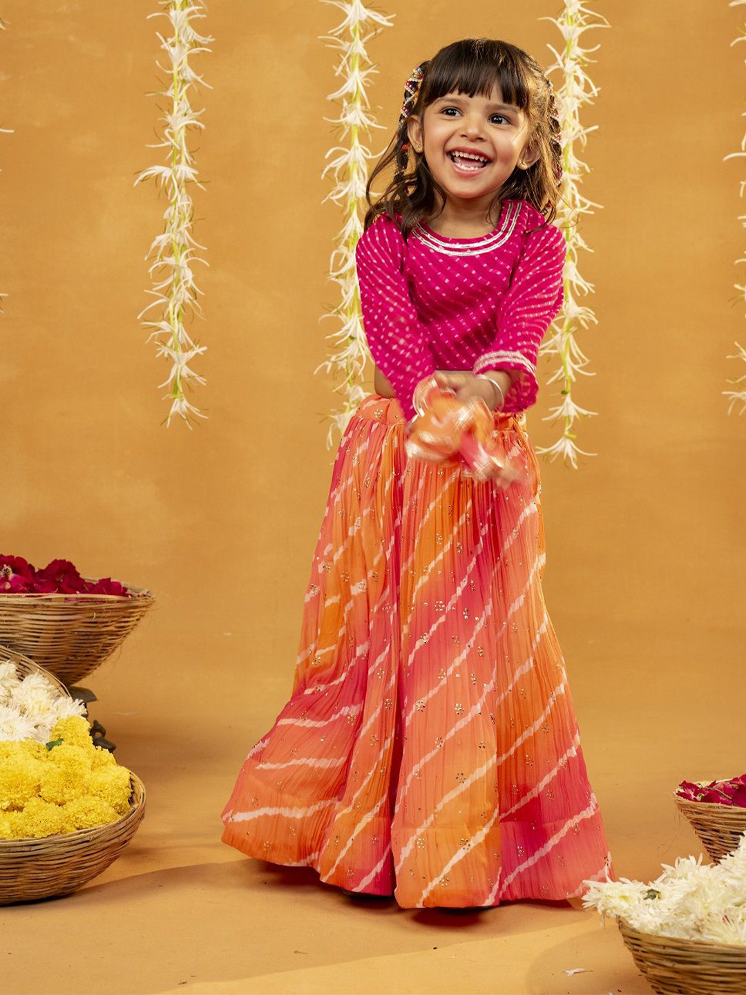Jilmil Girls Lehariya Printed Ready to Wear Lehenga & Blouse
