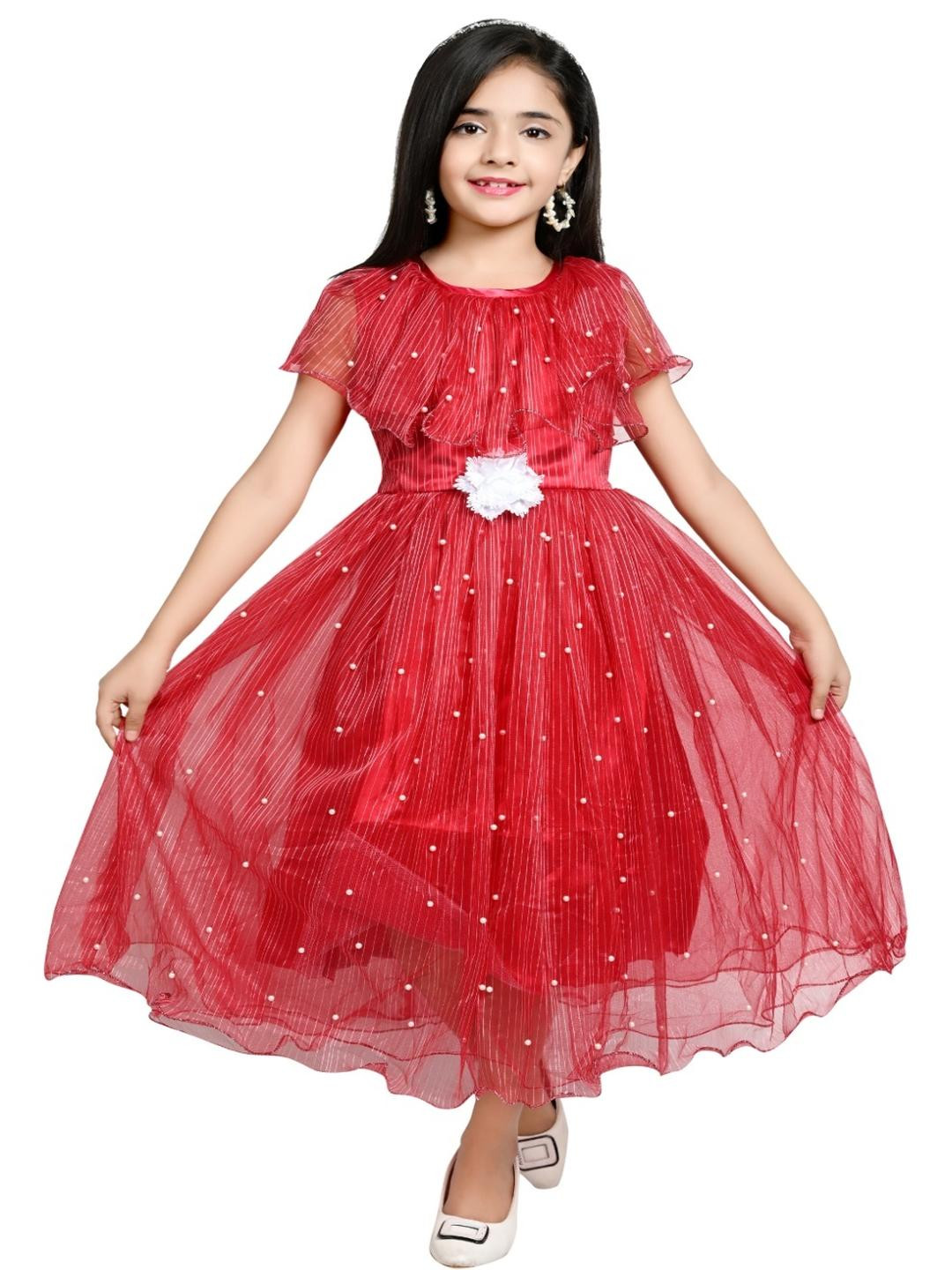 Hariyal Creation Kids-Girls Red BLENDED Embellished Fit and Flare Dress