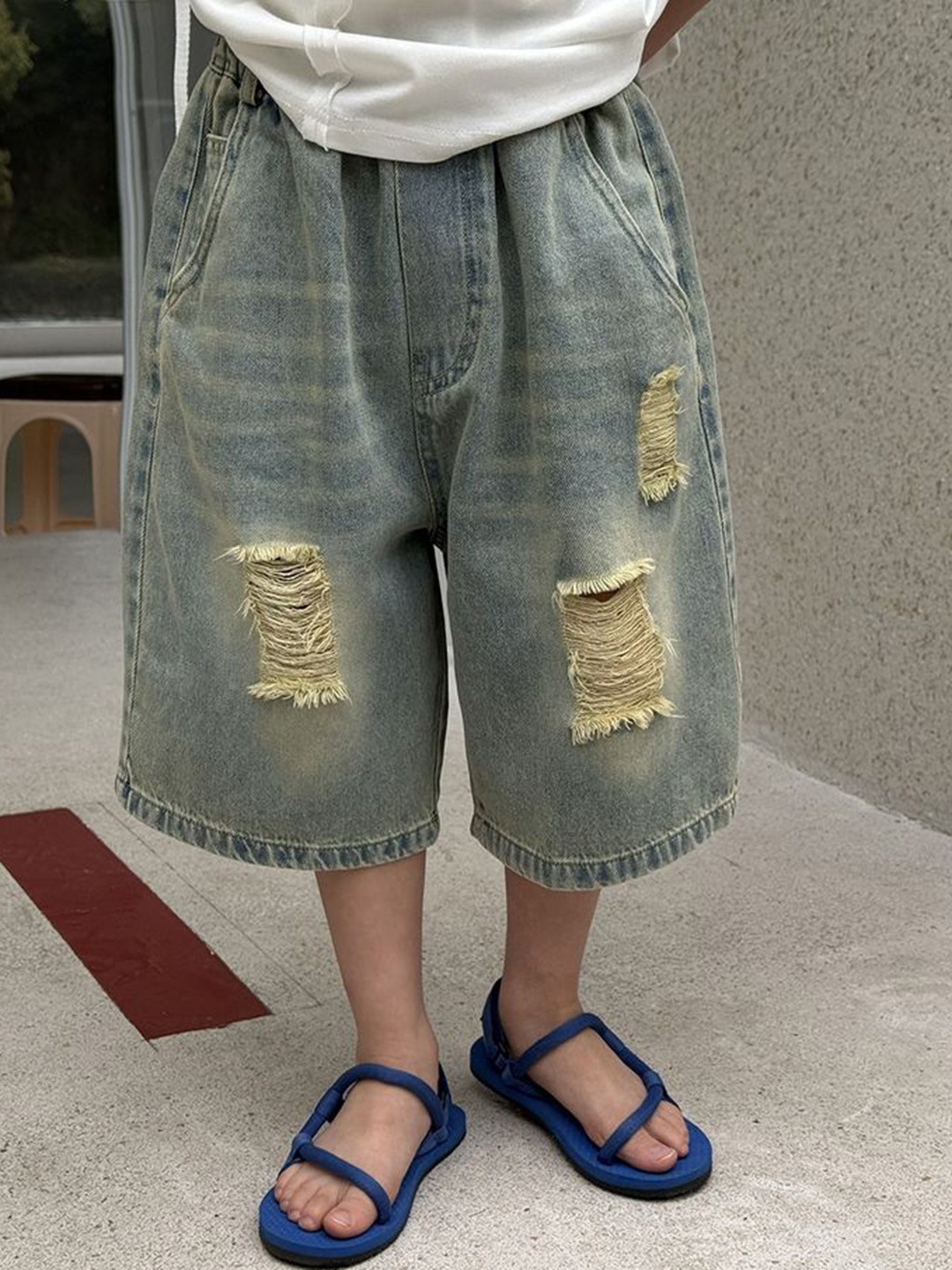 LULU & SKY Boys Washed Loose Fit High-Rise Distressed Denim Bermuda Shorts