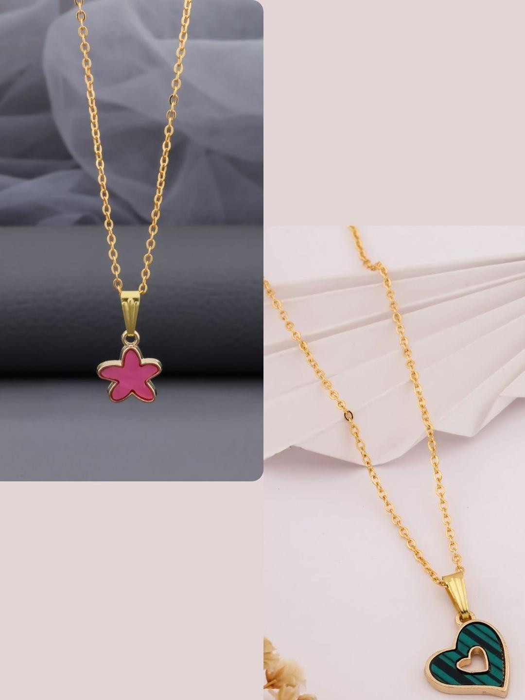 DressBerry Women Green Heart & Pink Star Charms Brass Gold-Plated Set Of 2 Chains
