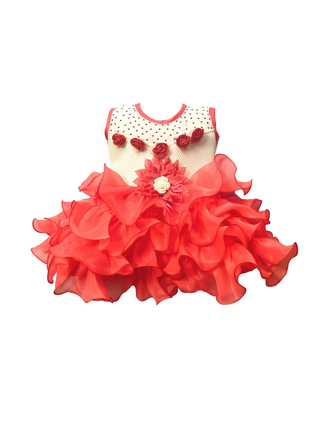 Samjho Fashion Girls Ruffled Flower Embellished Fit & Flare Dress