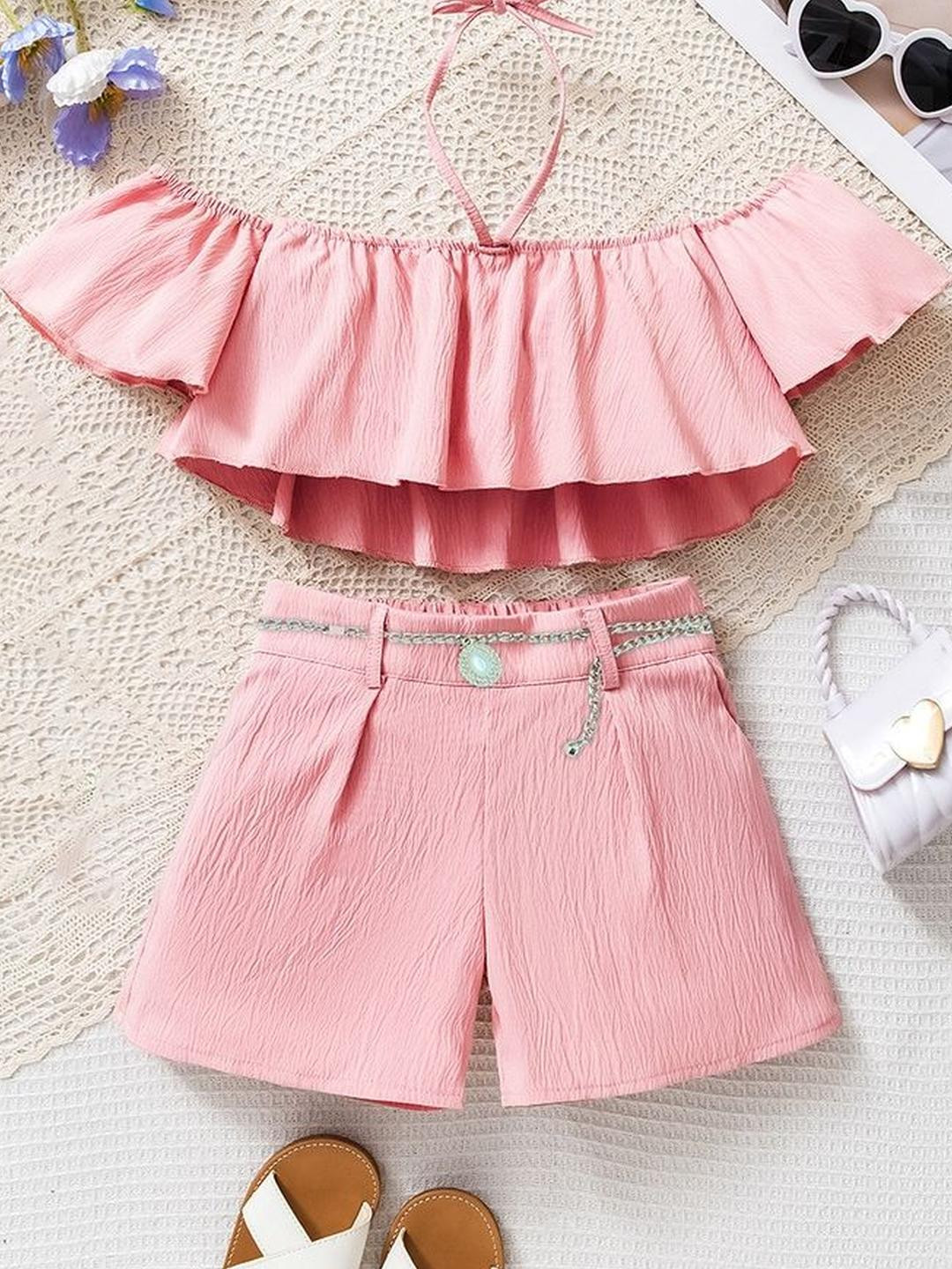 LULU & SKY Girls Halter Off-shoulder Pure Cotton Top With Shorts
