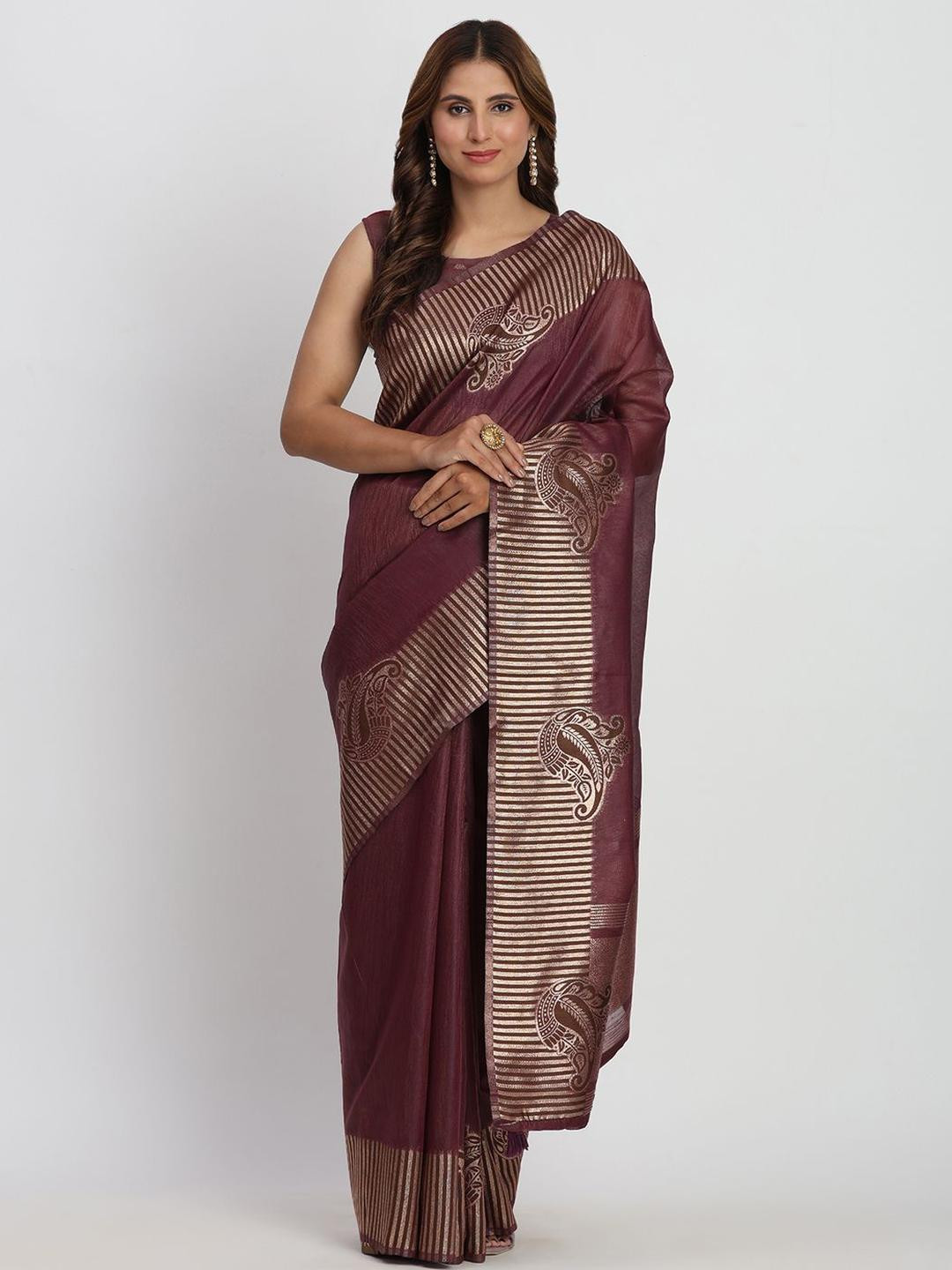 Panzora Woven Design Linen Cotton Zari Border Saree With Matching Blouse Piece