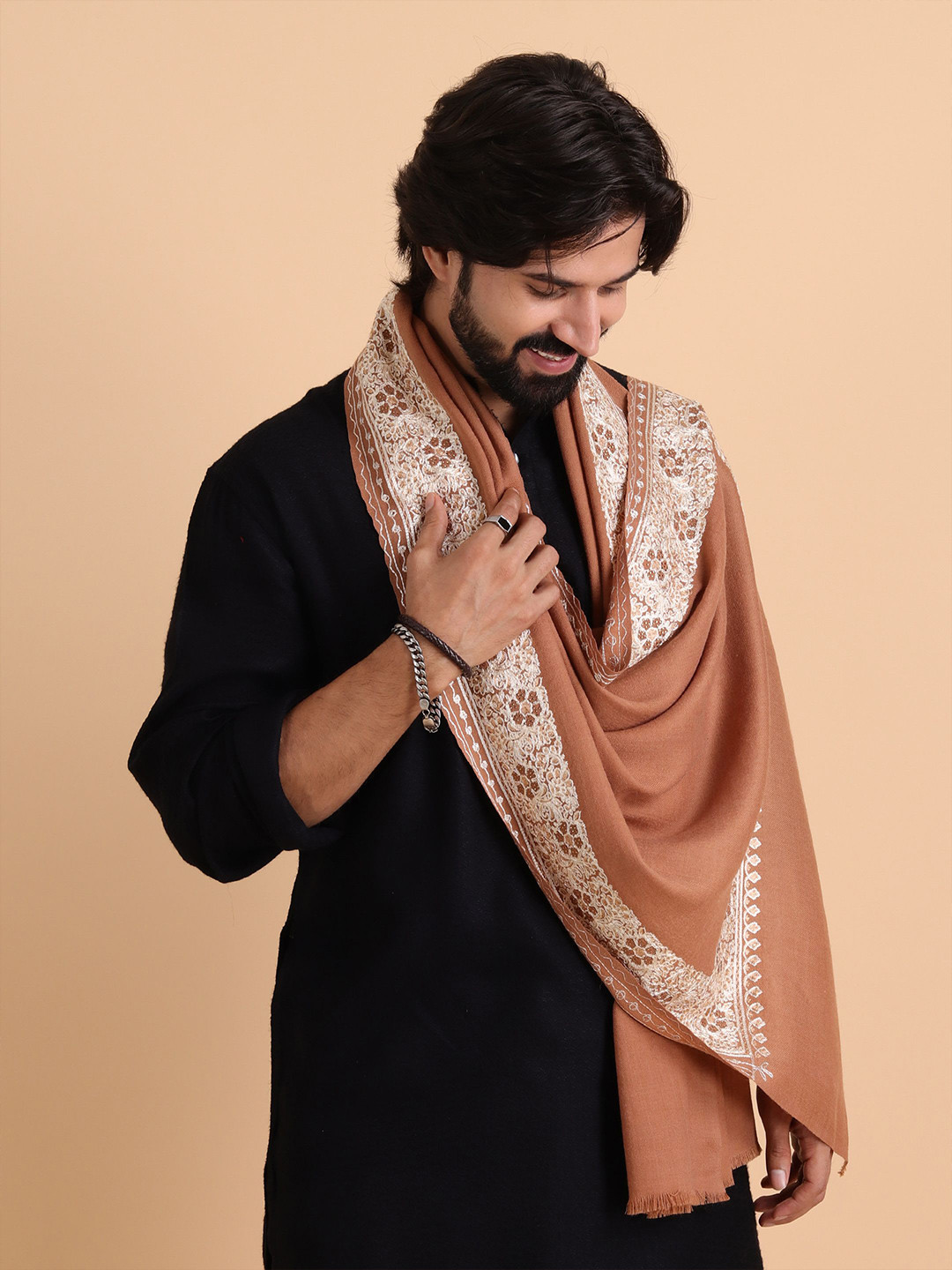 Tweedle Men Pure Wool Embroidered Stole with Fringes