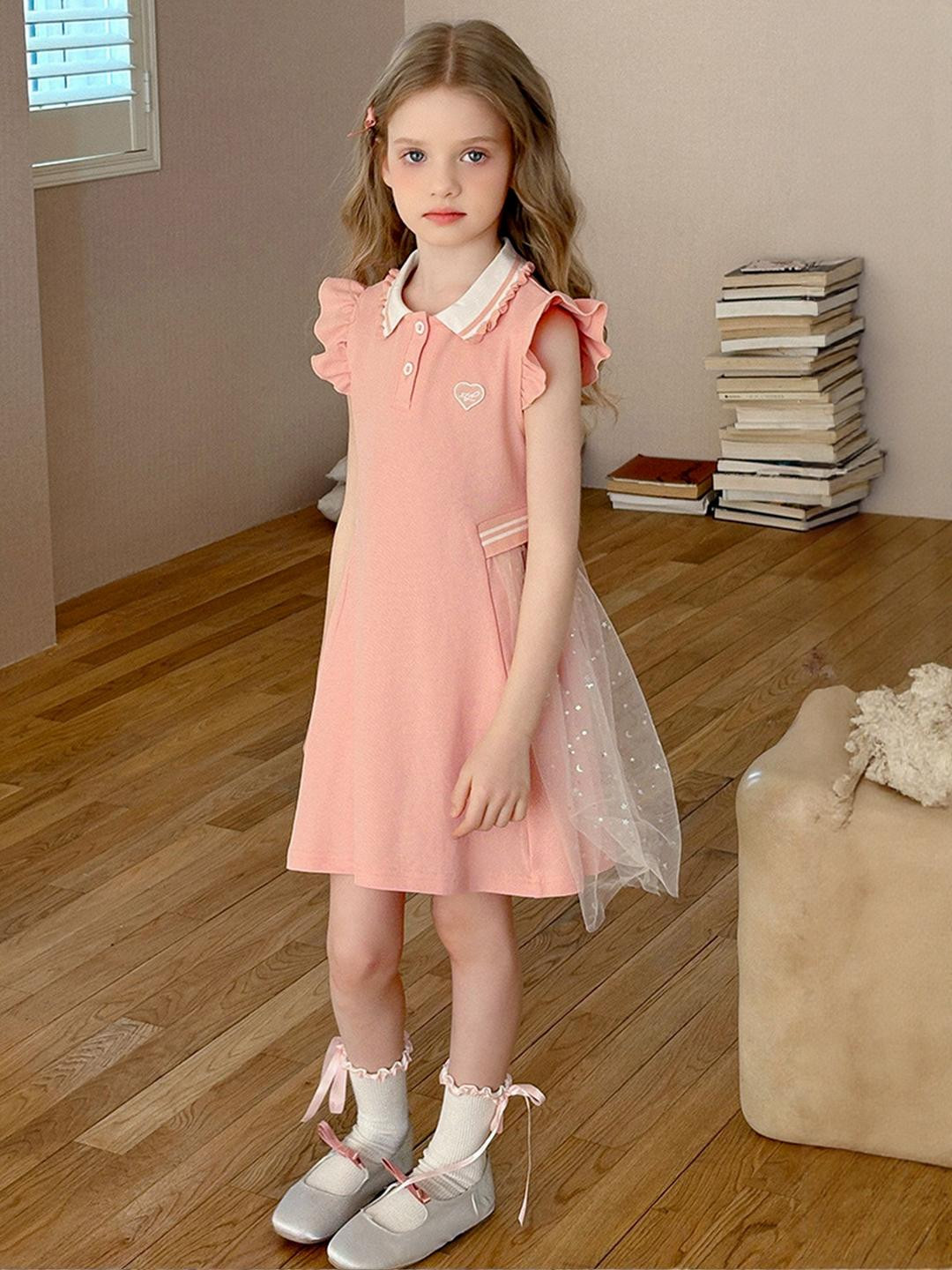 LULU & SKY Girls Shirt Collar Tulle Detail Dress