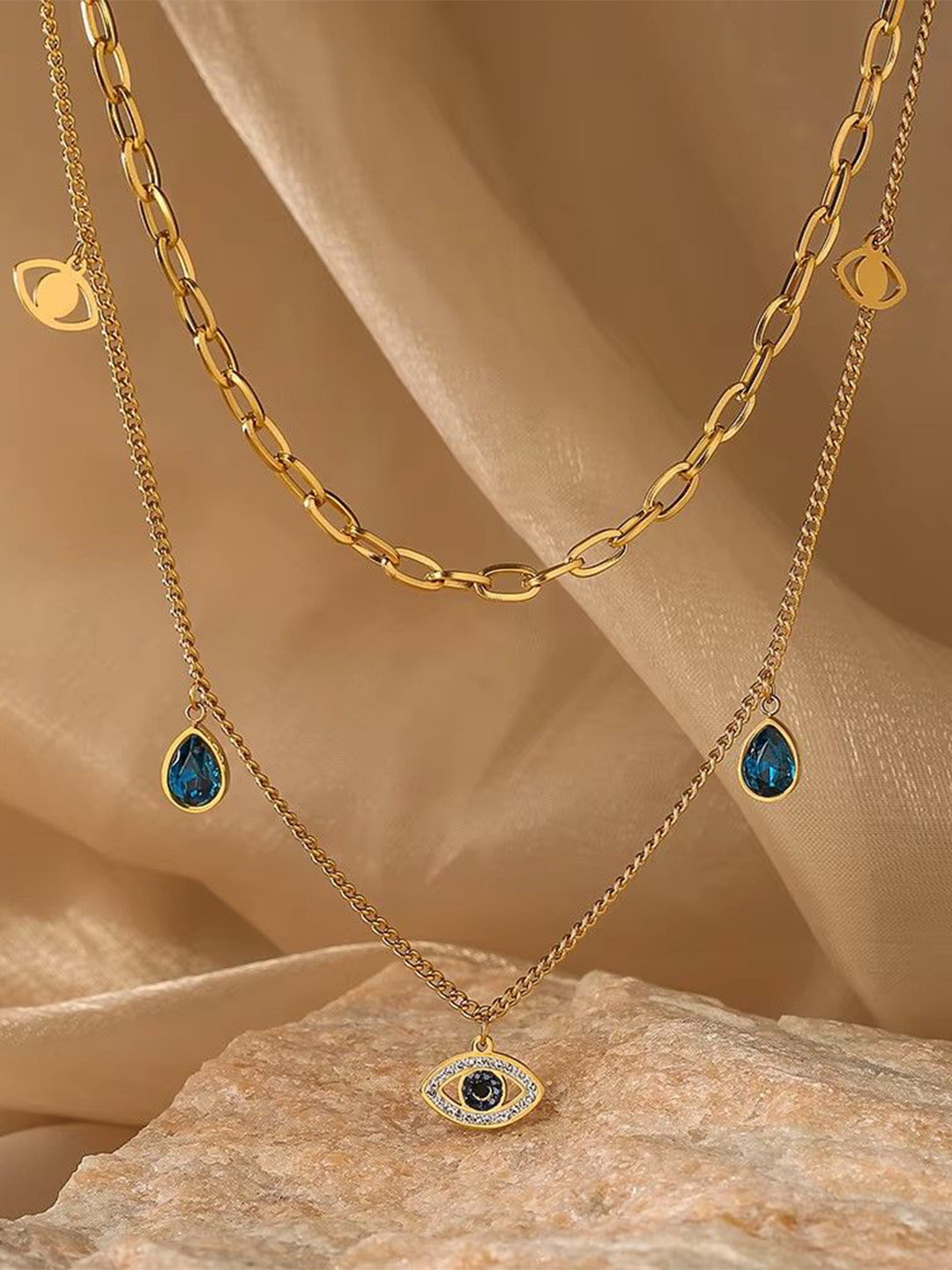 DKane Designs Stainless Steel Gold-Plated AD Studded Minimal Evil Eye Layered Necklace