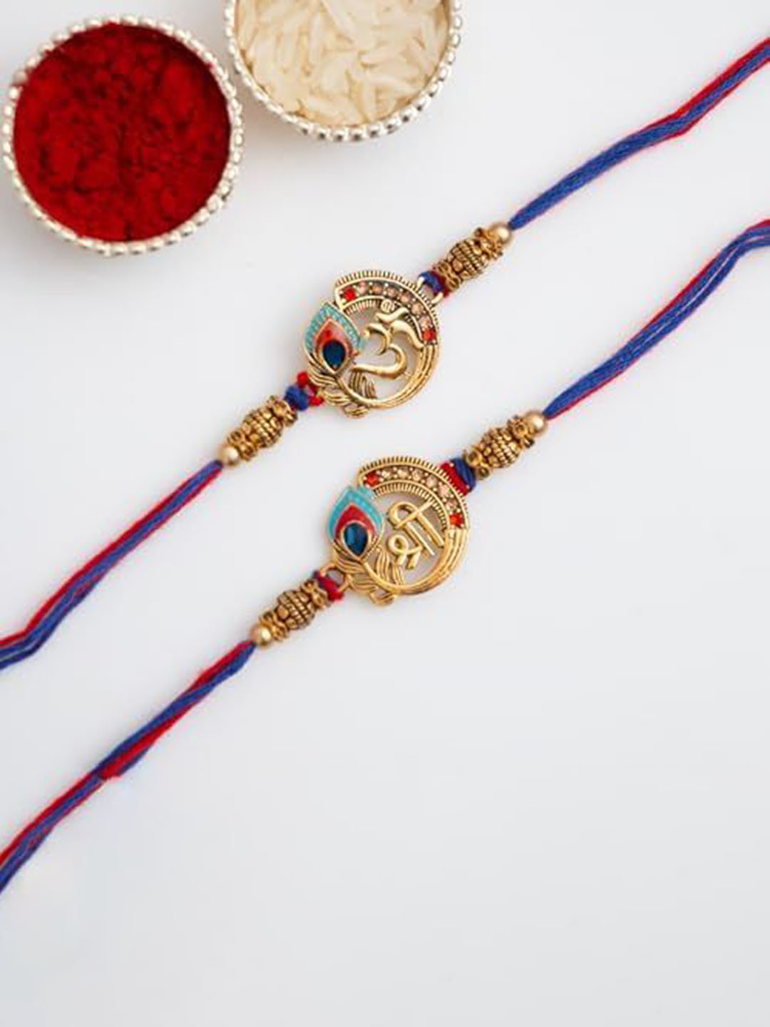 Sangria Set Of 2 Rakhi With Tilak Greeting Card & Fridge Magnet