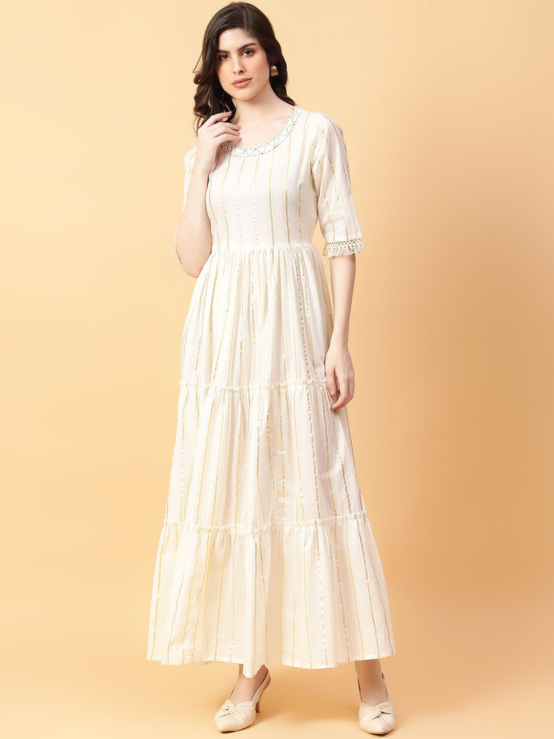 HERE&NOW Striped & Hand Work Cotton Fit & Flared Ethnic Dresses