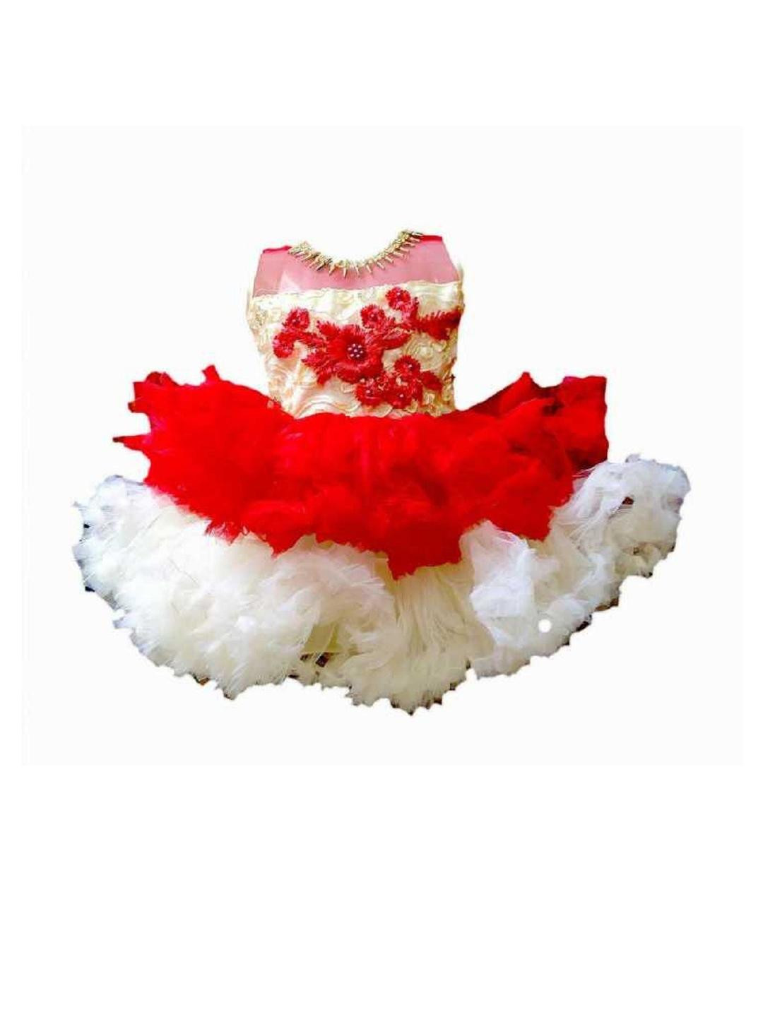 Samjho Fashion Girls Red & White Ruffled Georgette Fit & Flare Dress