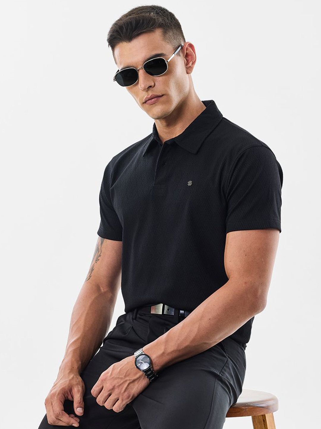 Snitch Black Textured Polo Collar Slim Fit T-shirt