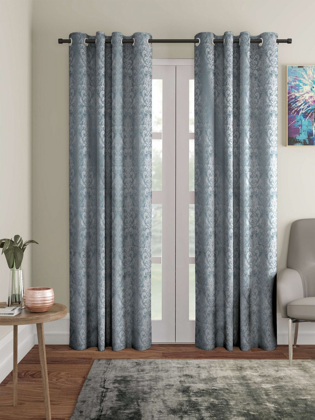 STITCHNEST Blue & White 2 Pieces Floral Printed Jacquard Cool Mist Door Curtains