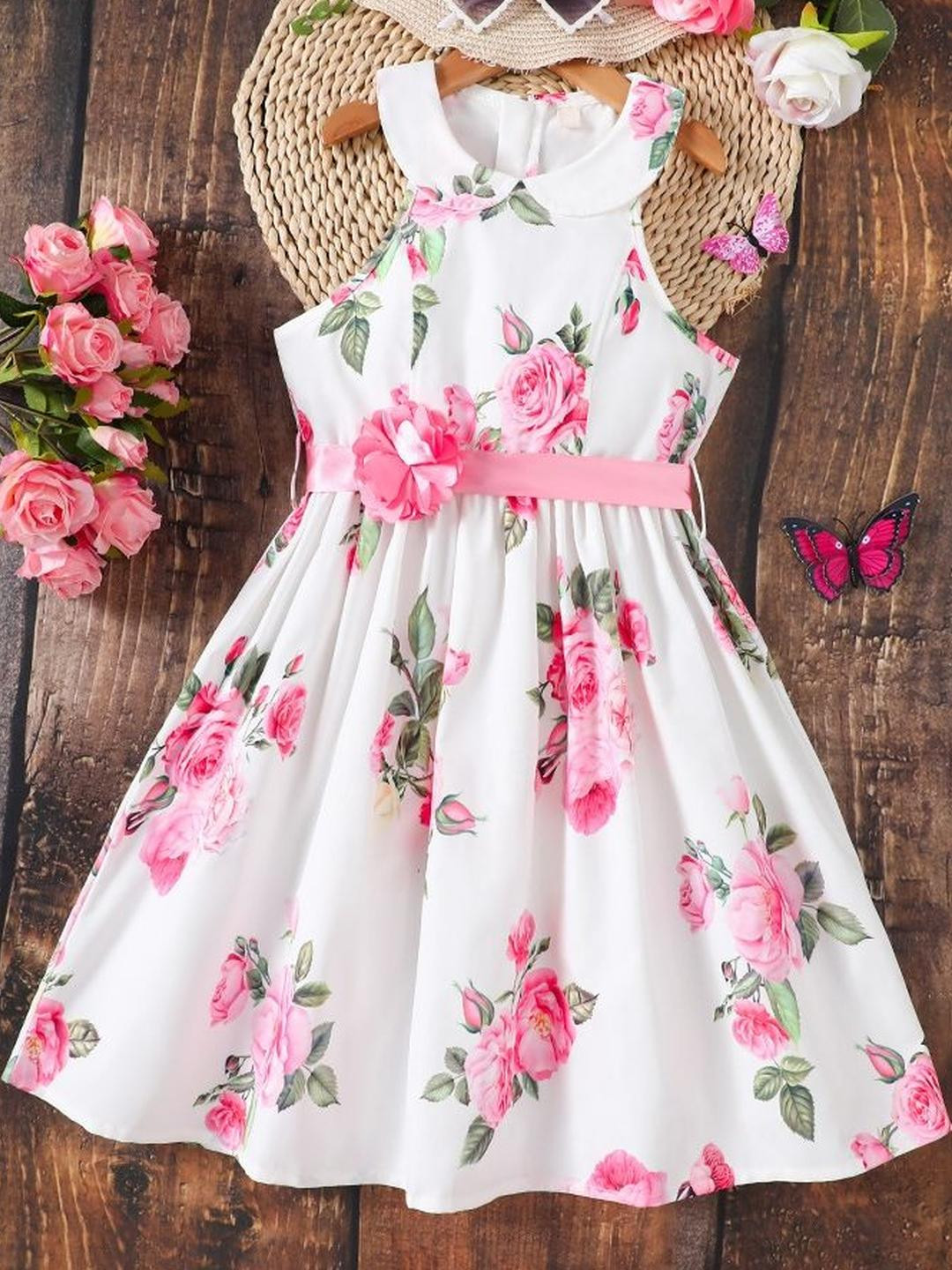 LULU & SKY Girls Floral Printed Peter Pan Collar Belted Detail Fit and Flare Dress