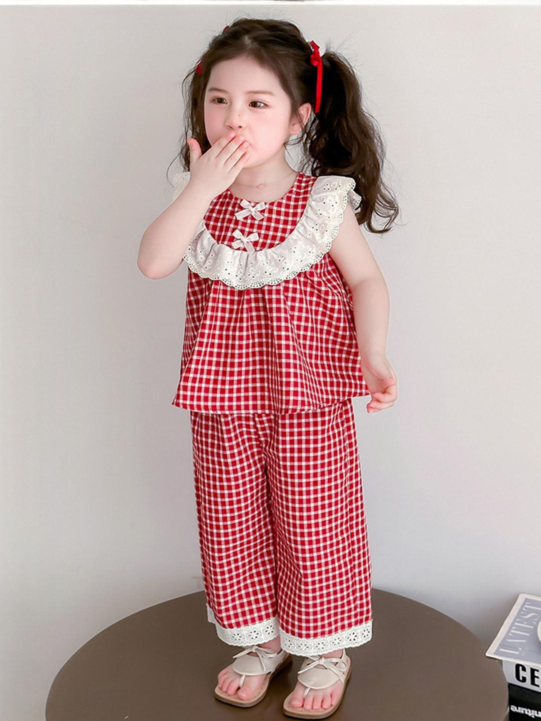 LULU & SKY Girls Gingham Checked Round Neck Top & Trousers