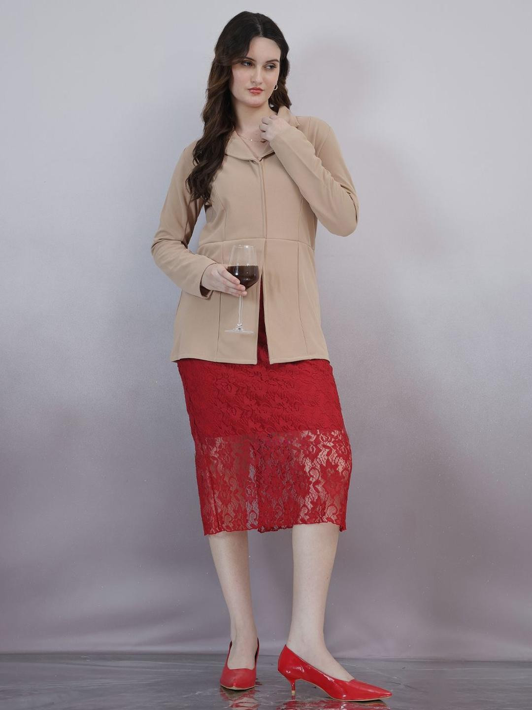 Shally Bhasin by Athena Self Design Shirt Collar Lace Blazer Midi Dress