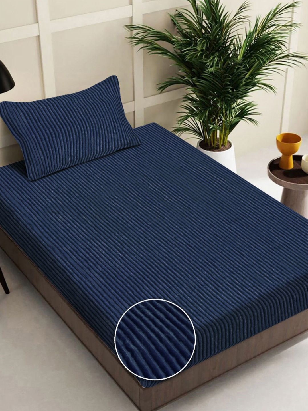 Myntra Elegant Homes Navy Blue Striped Single Bedsheet with 1 Pillow Covers