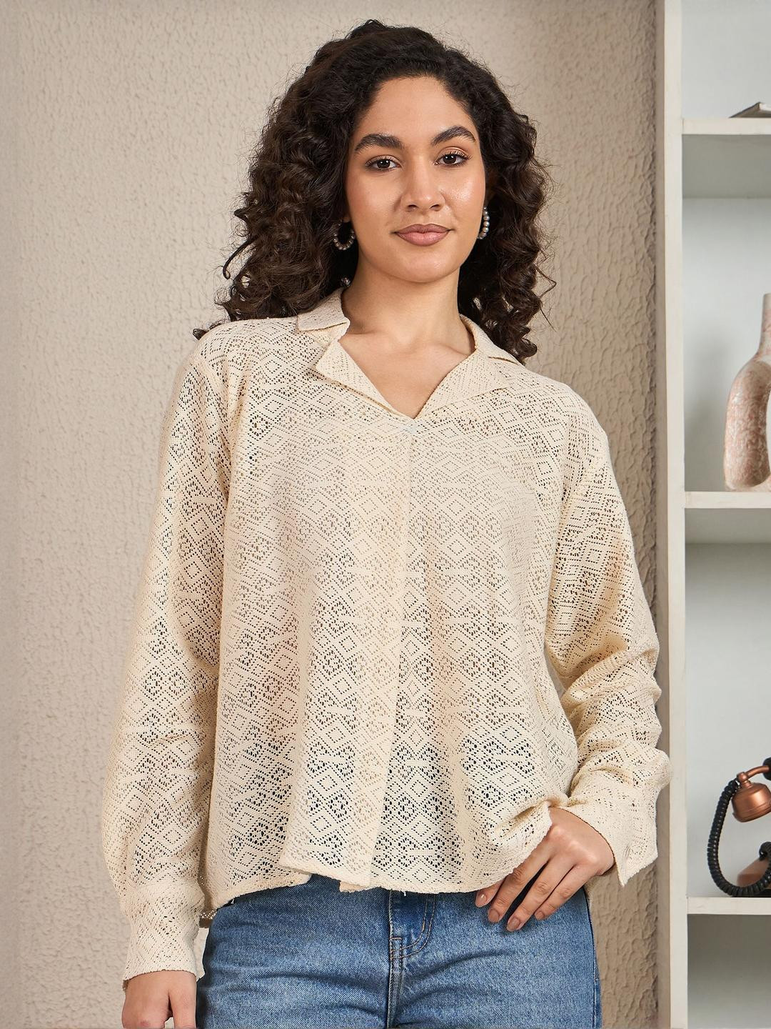 R.Code by The Roadster Life Co.Women Geometric Self Design Raglan Sleeves Schiffli Top