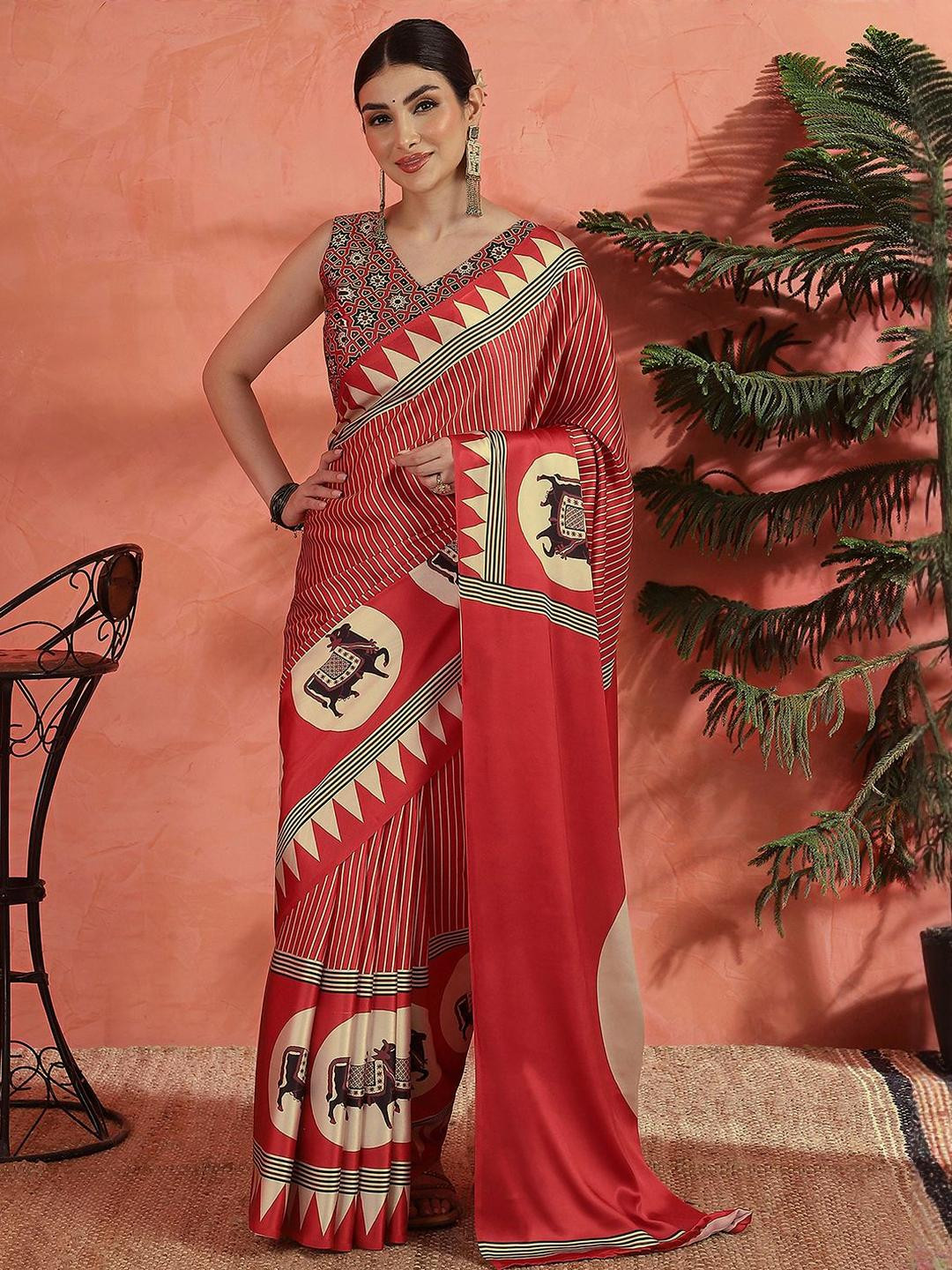Sangria Stripes Printed Satin Saree With Unstitched Blouse