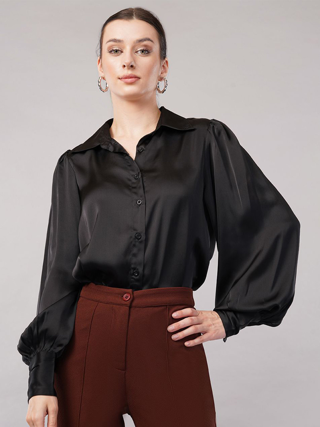 FLY STITCH Classic Fit Spread Collar Satin Shirt