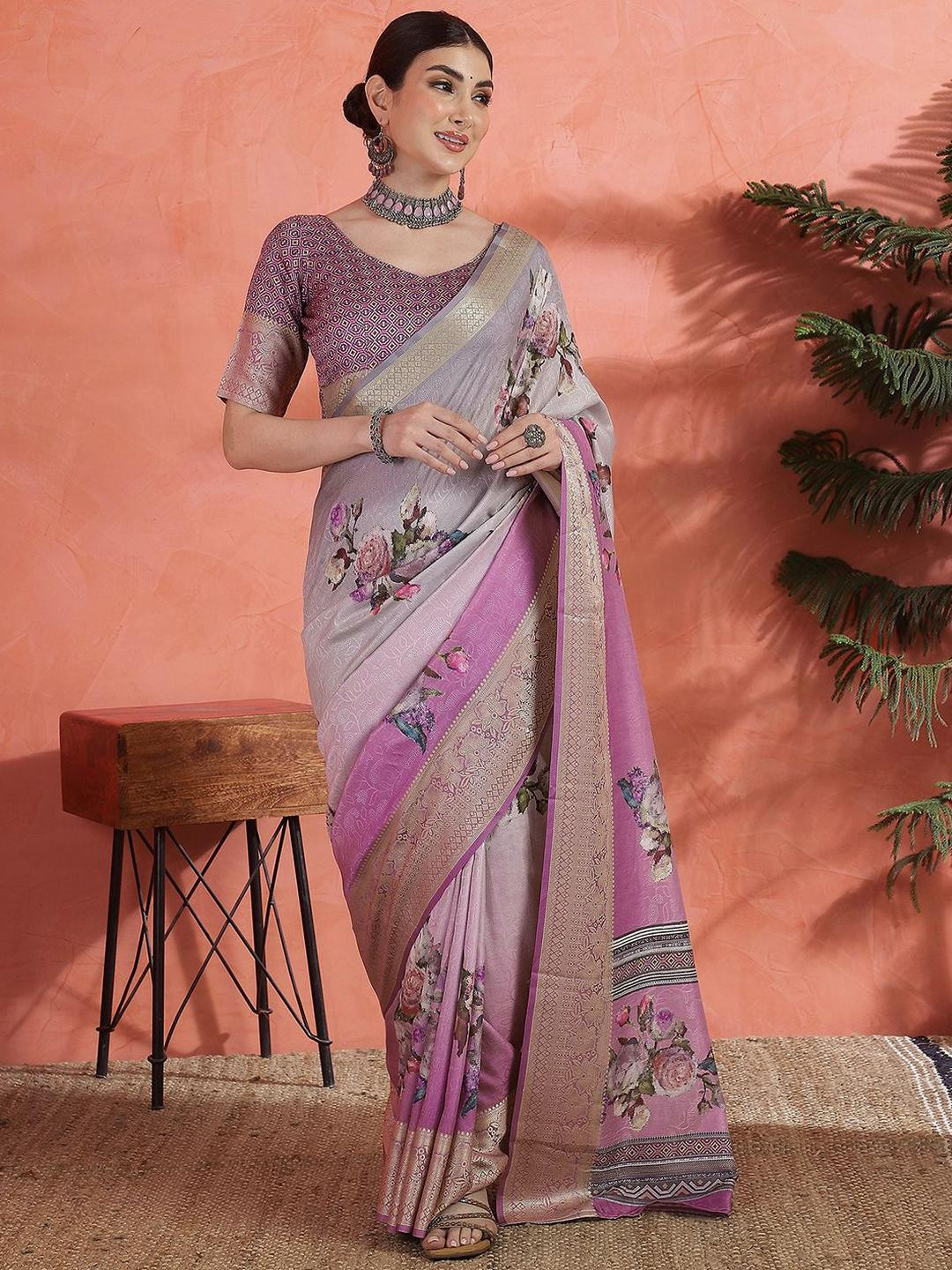 Sangria Floral Print Woven Design Zari Border Saree With Unstitched Blouse