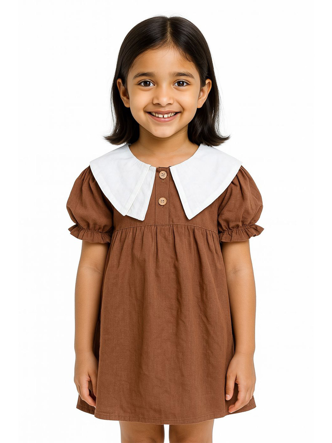 POP STREET KIDS Girls Peter Pan Collar Puff Sleeve A-Line Dress