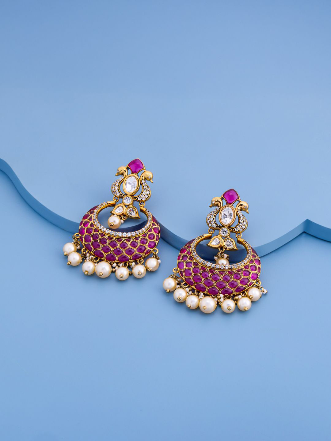 Kushal's Fashion Jewellery Victorian Plated Kundan Studded Crescent Shaped Chandbalis