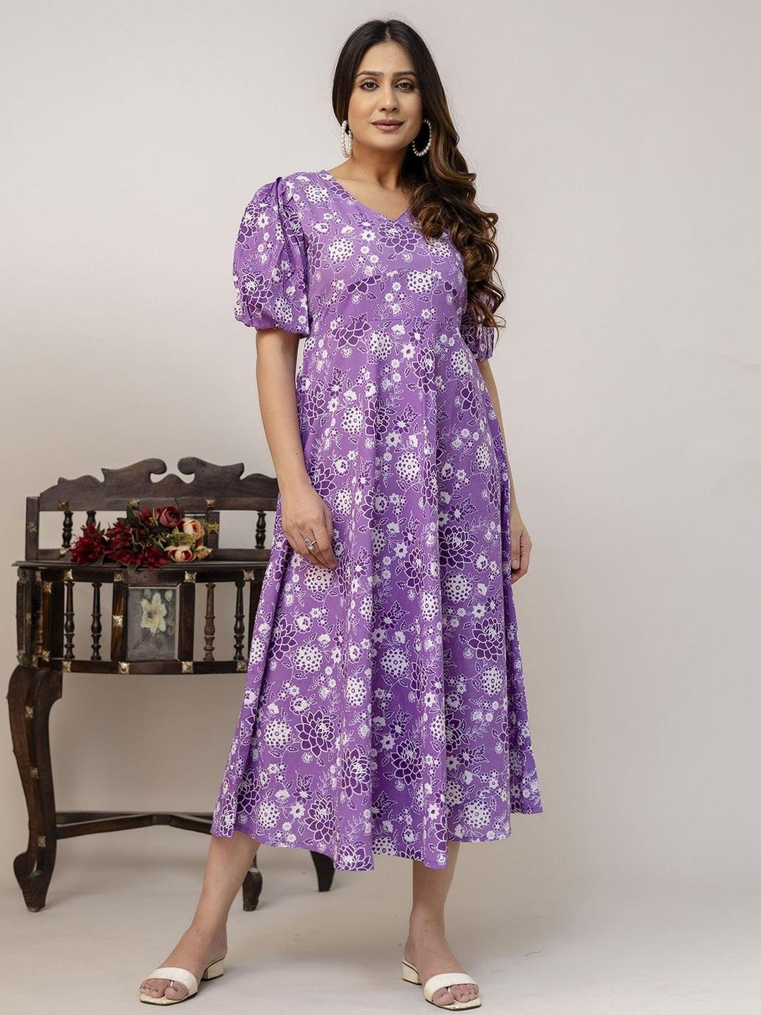 KEIYONA Women V-Neck Floral Print Fit & Flare Cotton Dress