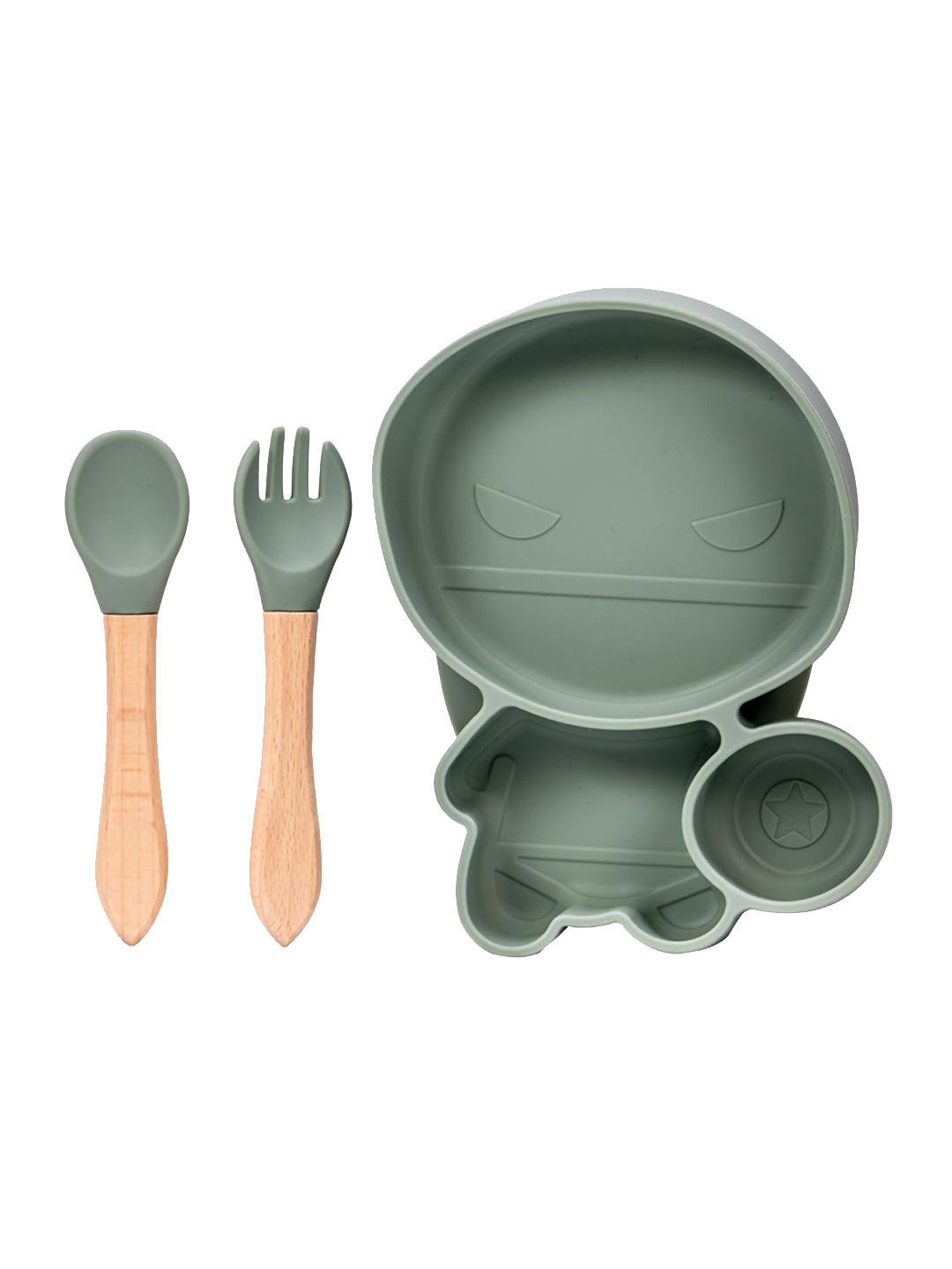 Adore Kids 3Pcs Green & Brown Textured Silicone & Bamboo Baby Utensils Set