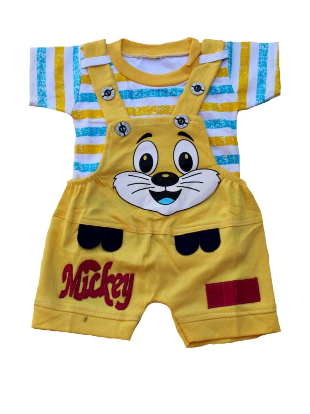 Pohar Creation Kids Printed Dungaree With Striped T-shirt Set