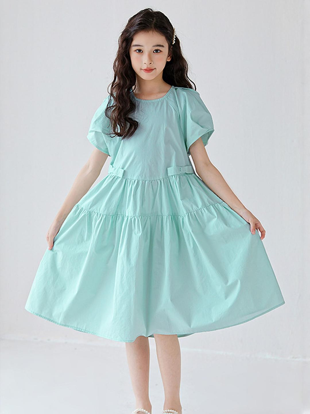 LULU & SKY Girls Solid Raglan Sleeve Cotton Bow Detail A-Line Dress