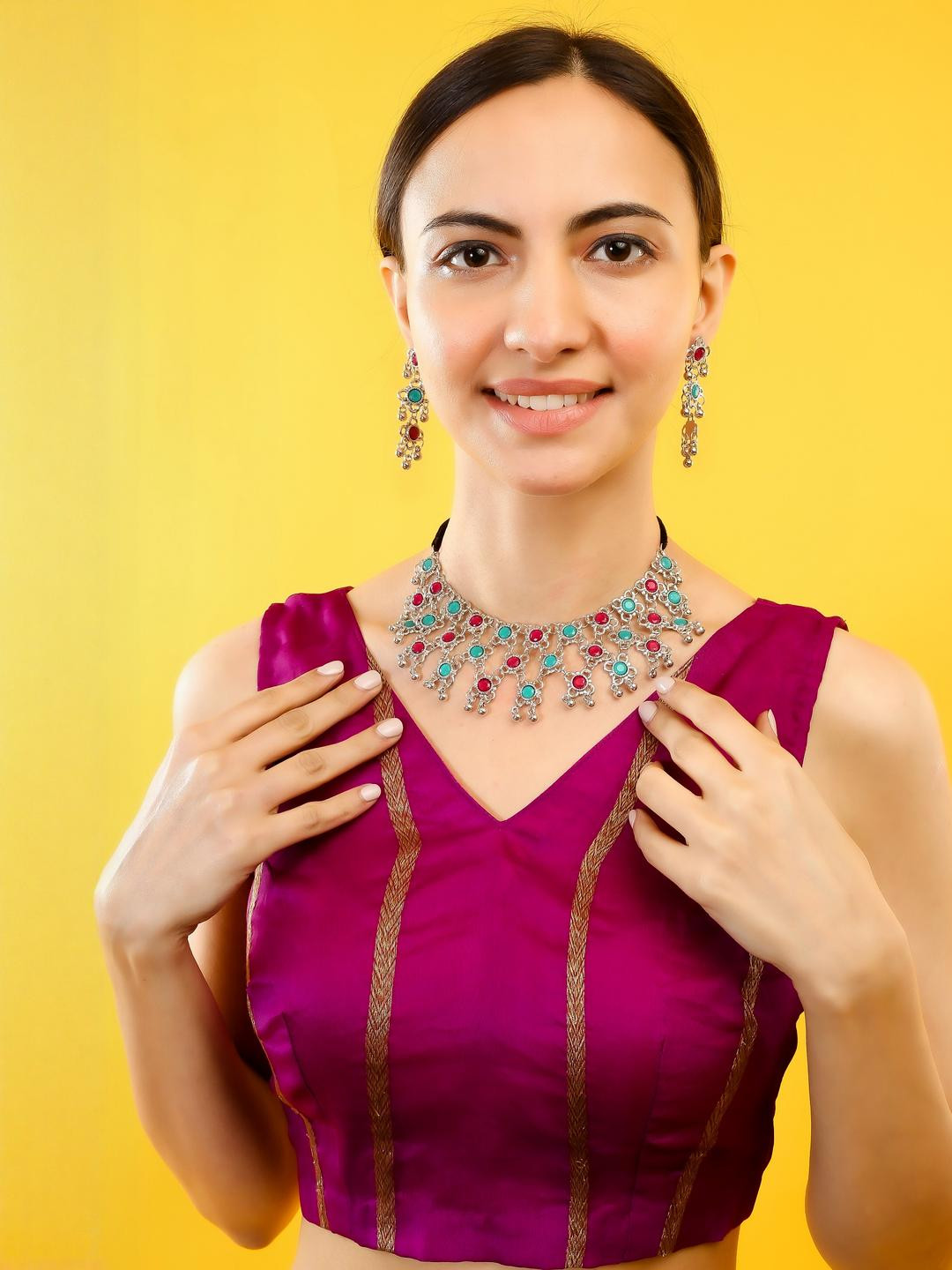 EIT Collection Traditional Oxidised Silver Jaal Necklace Set with Earrings