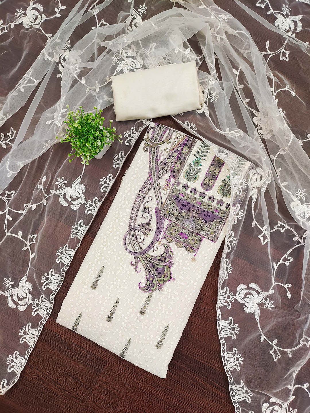 MANVAA Botanical Embroidered Thread Work Georgette Unstitched Dress Material