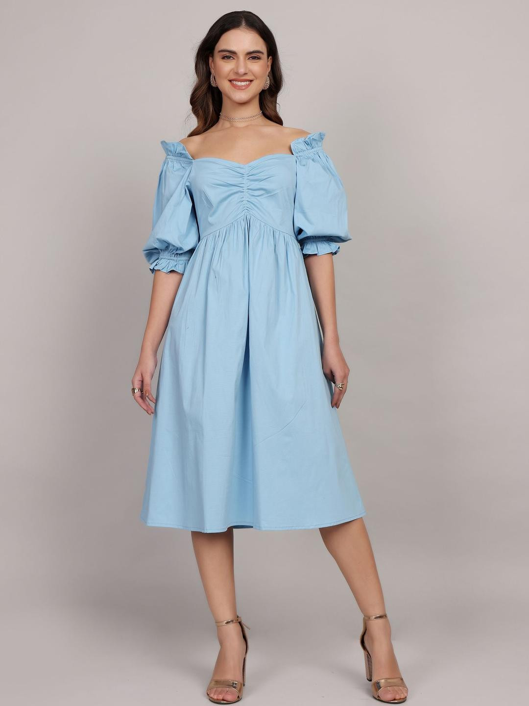 HAUTEQUE Women Isabella Solid Powder Blue Fit-Flare Midi Dress