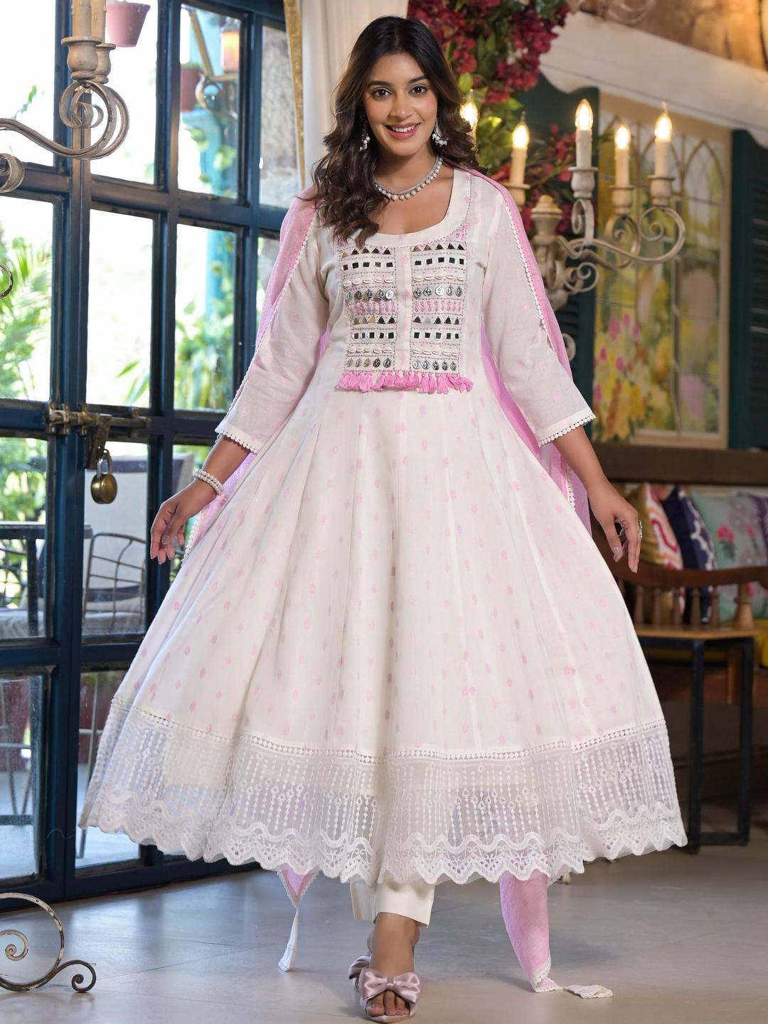 Aavanya Pink Cotton Anarkali Square Neck Mirror Work Kurta & Trouser With Dupatta