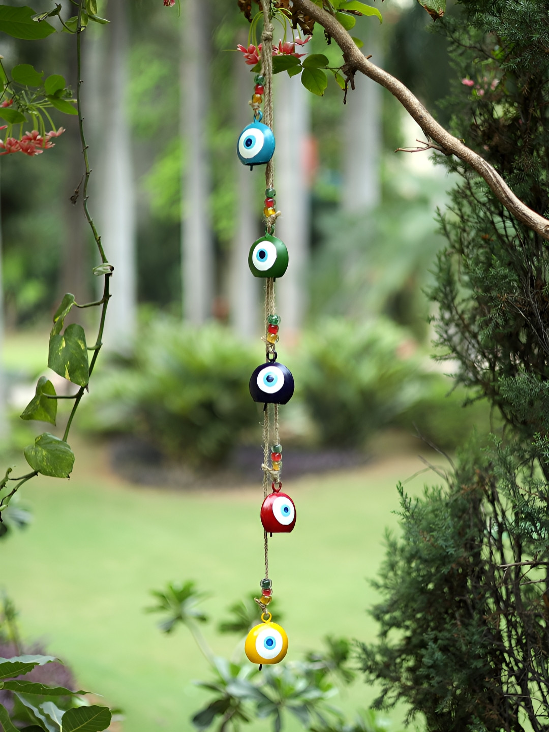 DULI Green & Blue Metal Wall Hanging With Evil Eye Cowbells