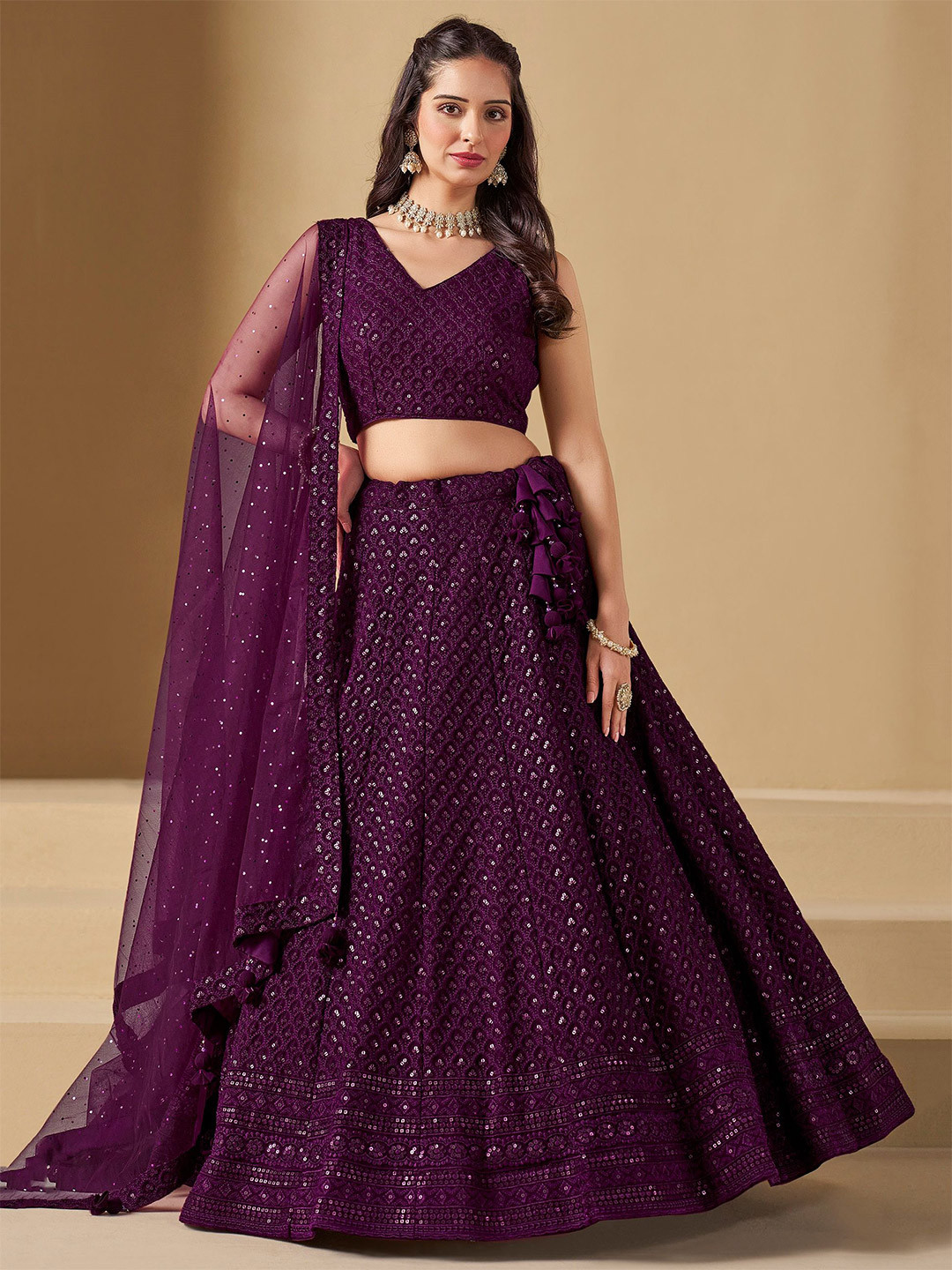 ETHNIC PLUS Wine Embroidered Sequinned Semi-Stitched Georgette Lehenga & Blouse With Dupatta