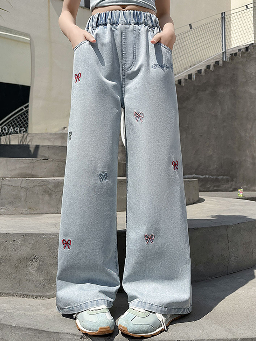 LULU & SKY Girls Embroidered Wide Leg Mid-Rise  Jeans