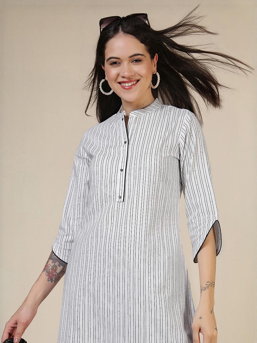 Uparna women's White Cotton Embroidered Calf Length A-Line Kurta