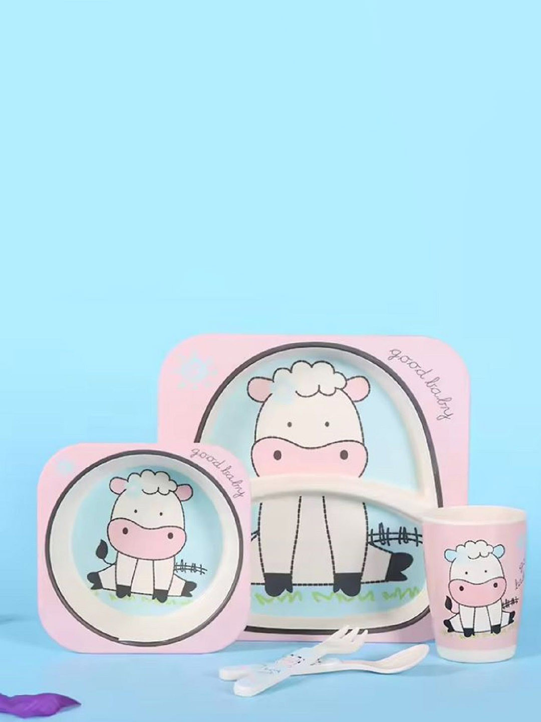 Adore Kids 5Pcs Pink & White Printed Bamboo Baby Utensils Set