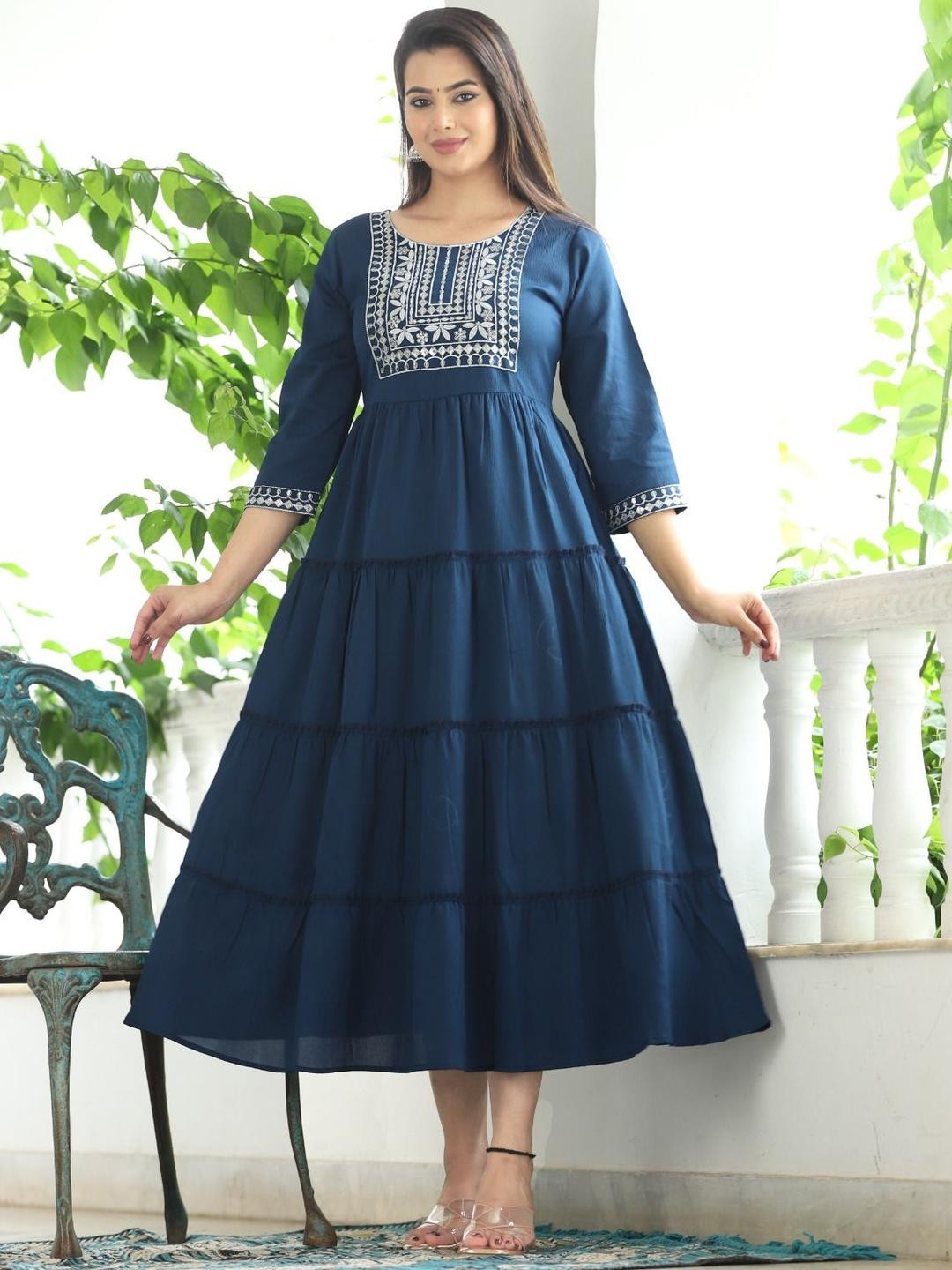 JEMCY Women Round Neck Embroidered Layered Maxi Ethnic Dress