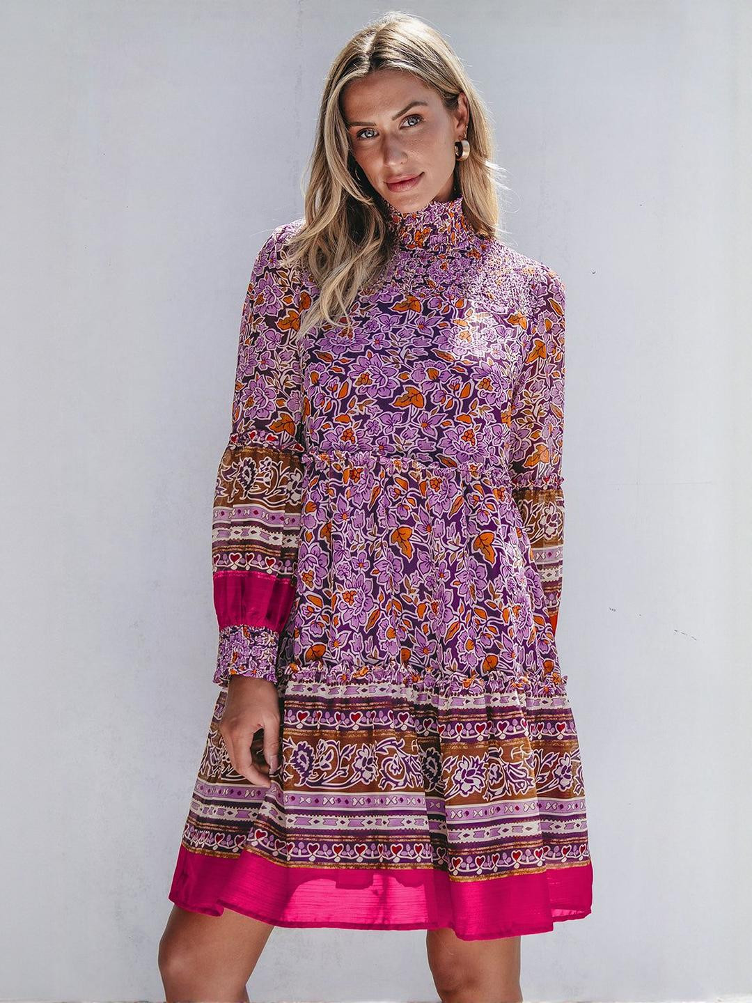 Errabelly Women Purple Floral Smocked Puff Sleeve High Neck Mini Dress