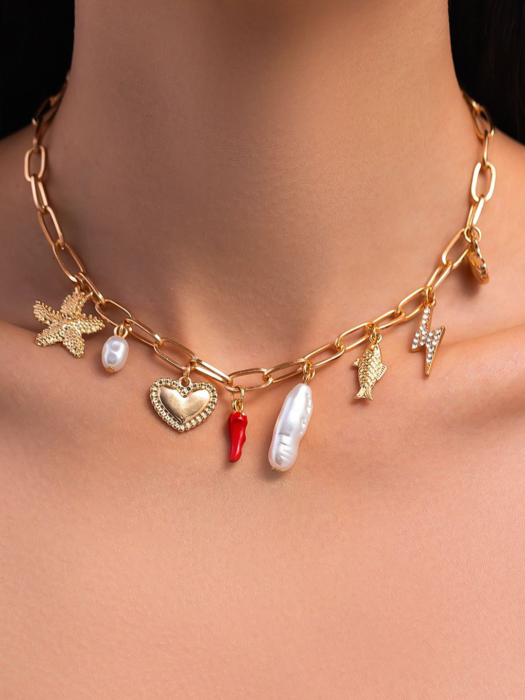 StyleCast x Revolte Gold-Plated Artificial Stones Studded & Beaded Statement Link Chain