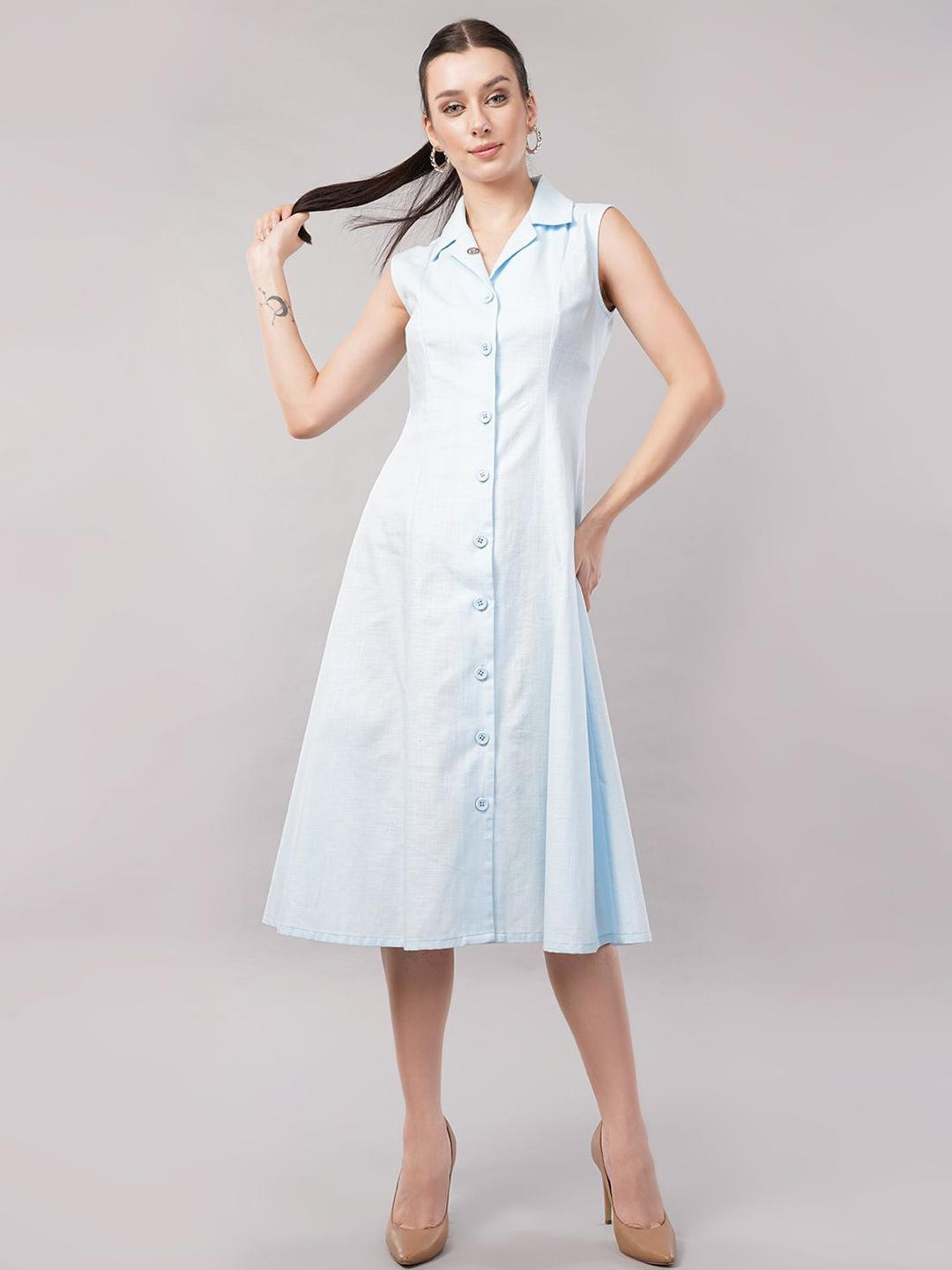 FLY STITCH Women Sleeveless Shirt Collar Cotton Formal A-Line Midi Dress