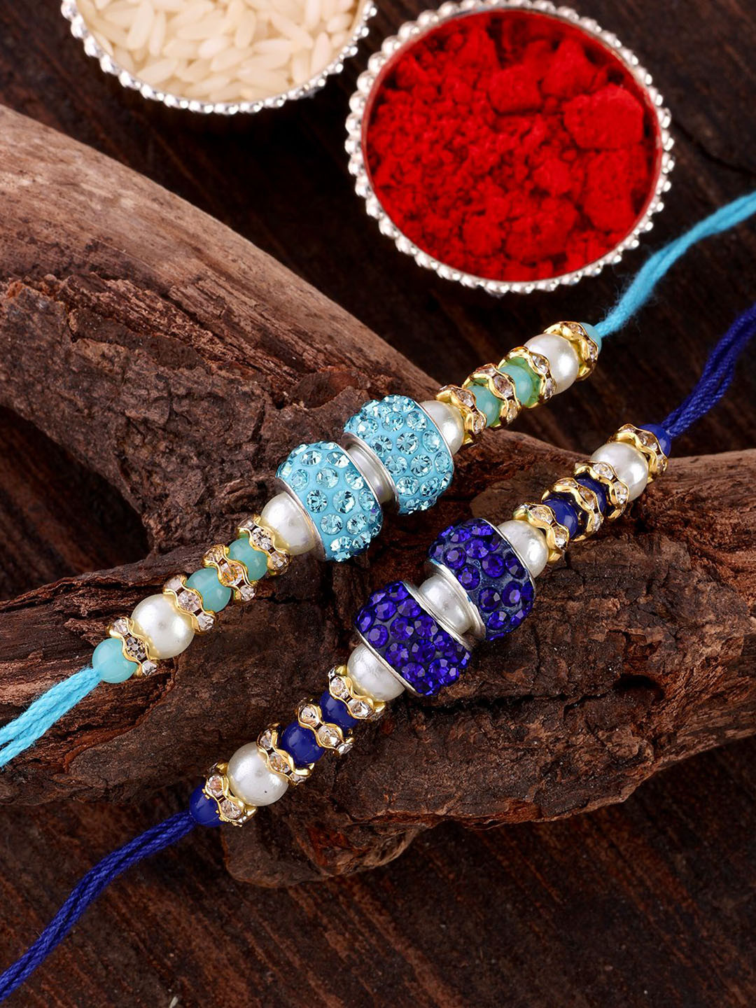 SHONA'S STYLE Set Of 2 Zircon Studded Thread Rakhis With Roli Chawal & Greeting Card
