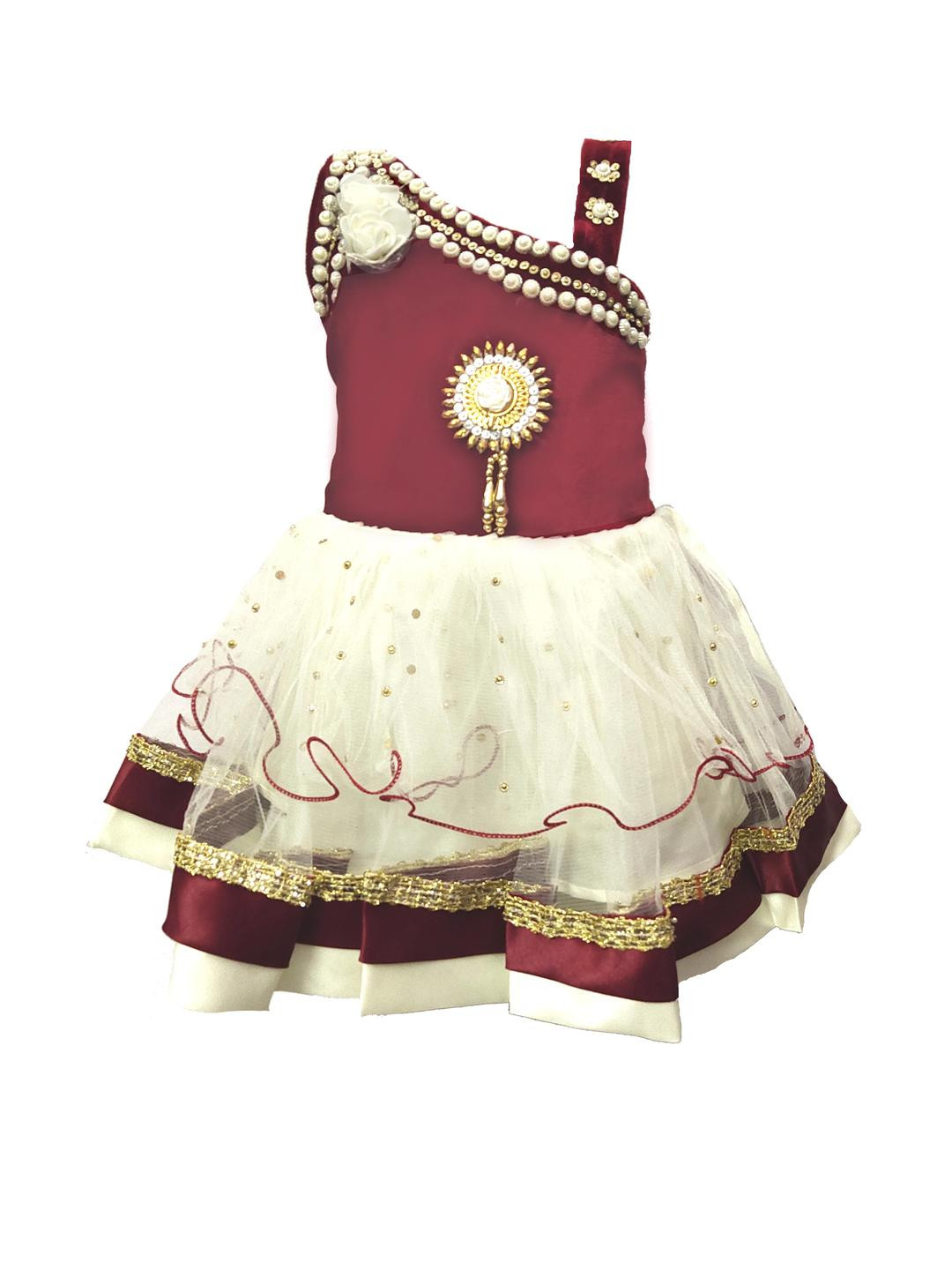 Samjho Fashion Maroon & White One-Shoulder Party Frock