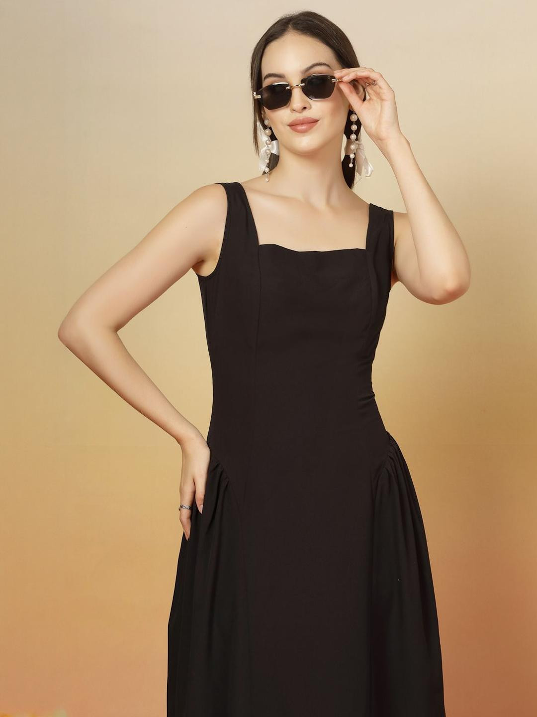 aayu Women Square Neck Crepe A-Line Midi Dress